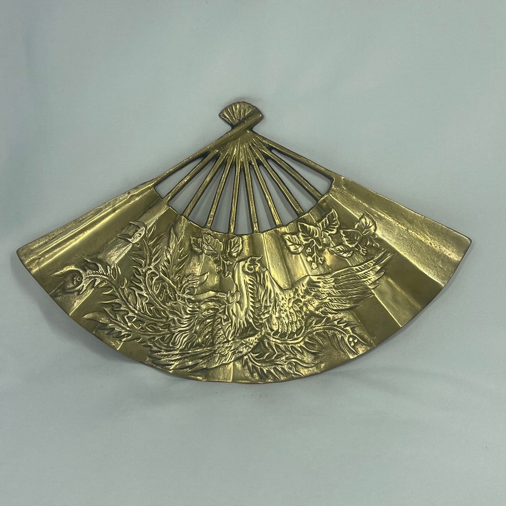Vintage Solid Brass Fan Wall Plaque Phoenix Bird Nature Decor Taiwan 11x7
